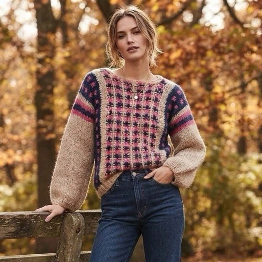 Vintage 80s Sz XS/S Mohair Blend Chunky Knit Pink Blue Abstract Womens Sweater